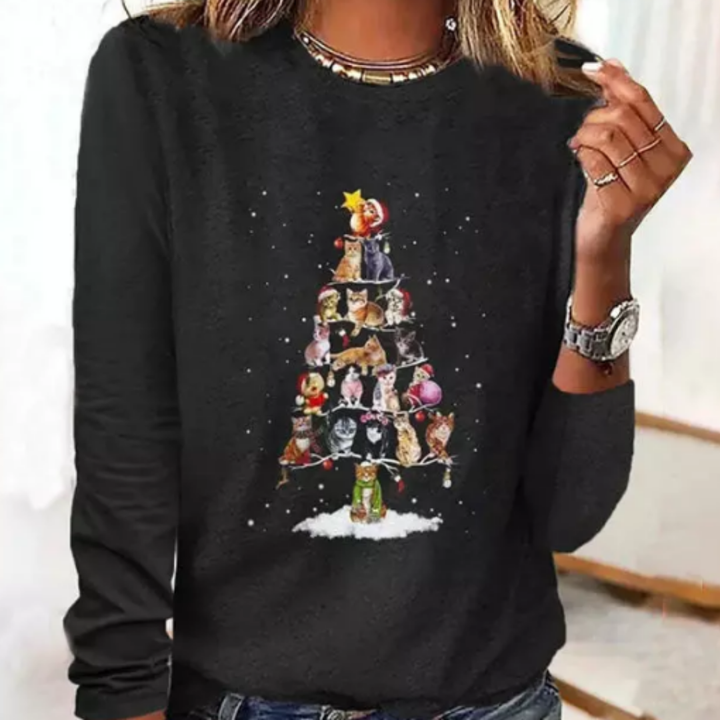 T-shirt Classique De Noël Noir Pour Femmes | Manches Longues