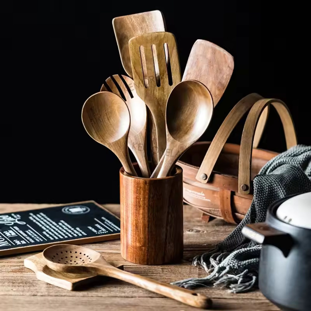 Set D'ustensiles De Cuisine En Bois Fait À La Main